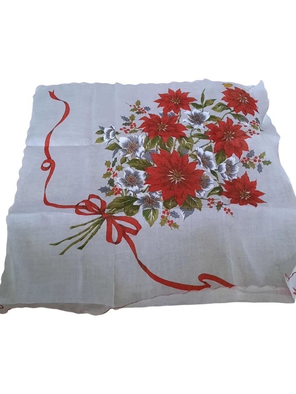 Holiday Poinsettia Bouquet Handkerchief - Red & White
